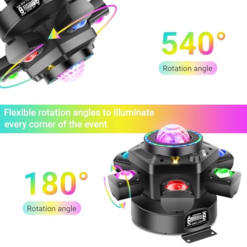 Moving Head DJ Light for Party 150W 6-Arm Remote Control | Disco Ball, LED RGB Ring, Red Green Starry, Strobe Multi Effects. DMX512 Sound Activated. For Stage, Wedding, Club, Events