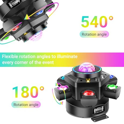 Moving Head DJ Light for Party 150W 6-Arm Remote Control | Disco Ball, LED RGB Ring, Red Green Starry, Strobe Multi Effects. DMX512 Sound Activated. For Stage, Wedding, Club, Events