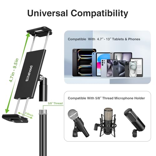 elitehood 65in Portable & Lightweight Aluminum iPad Tripod Stand for Music | 360° Swivel Tilt Adjustable iPad Stand Floor, Tablet Tripod for Watching & Recording, Fit iPad Pro 13 12.9 Air 11 Mini 6