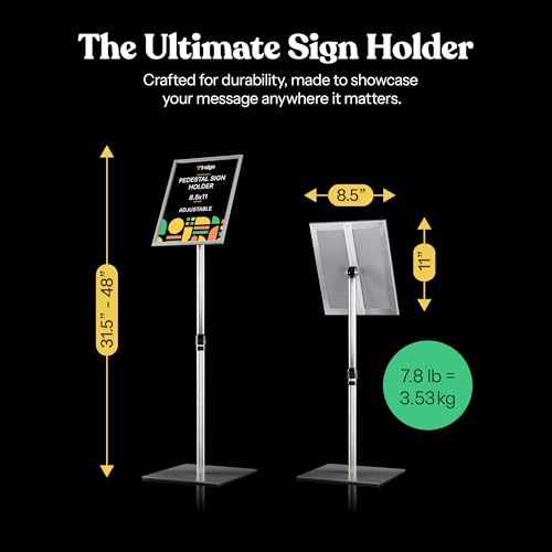 T-Sign 31.5 to 48 Inch Pedestal Sign Holder - Adjustable Floor Sign Stand for 8.5x11 Displays, Heavy Duty Outdoor Sign Holder with Square Base for Restaurants, Retail, Trade Shows, and Events (Silver) - size: 8.5 x 11 inches, Silver