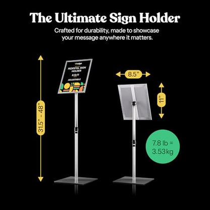 T-Sign 31.5 to 48 Inch Pedestal Sign Holder - Adjustable Floor Sign Stand for 8.5x11 Displays, Heavy Duty Outdoor Sign Holder with Square Base for Restaurants, Retail, Trade Shows, and Events (Silver) - size: 8.5 x 11 inches, Silver