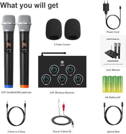 Wireless Karaoke Microphone System, Microphone Mixer Dual Handheld Wireless Microphones, HDMI & AUX in/Out, Optical Out, 100ft Range, Karaoke Mic for TV, Speakers, Singing, Church & Wedding-Black
