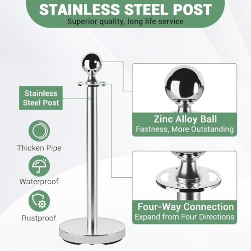 4PCS Stainless Steel Stanchion Post Queue, 5 ft Red Velvet Rope Red Carpet Ropes and Poles, Crowd Control Barriers with Sand Injection Hollow Base and Velvet Ropes Set for Party Supplies