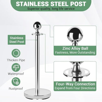 4PCS Stainless Steel Stanchion Post Queue, 5 ft Red Velvet Rope Red Carpet Ropes and Poles, Crowd Control Barriers with Sand Injection Hollow Base and Velvet Ropes Set for Party Supplies