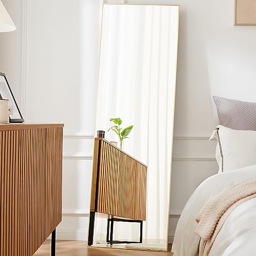 OLIXIS Full Length Mirror 59"x16.3" for Bedroom, Full Body Mirror with Stand, Hanging or Leaning for Wall, Aluminum Alloy Thin Frame Floor Standing for Living Room, Long, Gold
