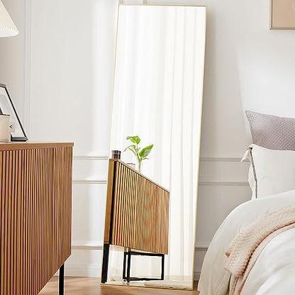 OLIXIS Full Length Mirror 59"x16.3" for Bedroom, Full Body Mirror with Stand, Hanging or Leaning for Wall, Aluminum Alloy Thin Frame Floor Standing for Living Room, Long, Gold