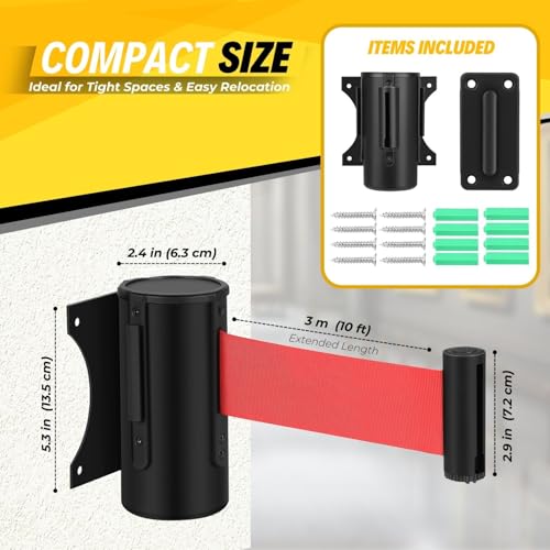 Flexzion Crowd Control Retractable Belt Barrier - 10Ft 3m Wall Mounted Safety Barrier Belt, Queue Line Dividers with Nylon Rope Belt & Sturdy Steel Red Case for Indoor/Outdoor Use - size: 1 Pack