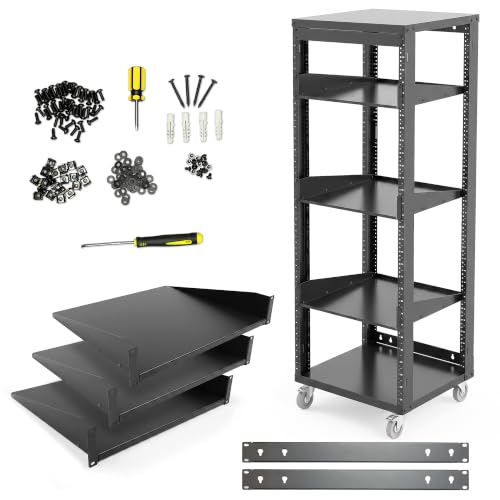 AxcessAbles 30U-3T Open Frame Network & AV Rack with Caster Wheels, Three 2U Shelves, 10-32 & Cage Nut Compatible Rails, Cage Nuts, Screws, Cage Nut Tool & Wall Mount Kit | 19-Inch Equipment Rack - size: 30U - 3 Shelves
