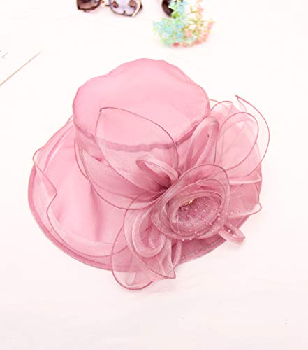 Women Derby Fascinator Hat Organza Church Wedding Hats Wide Brim Cocktail Tea Party Hat - color: 08 Pink