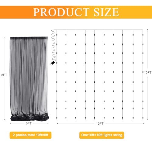 Fomcet Tulle Backdrop Curtains with Lights Black 10x8ft Sheer Curtain - color: Black, size: 10FT X 8FT(2 Panels 5ft X 8ft)