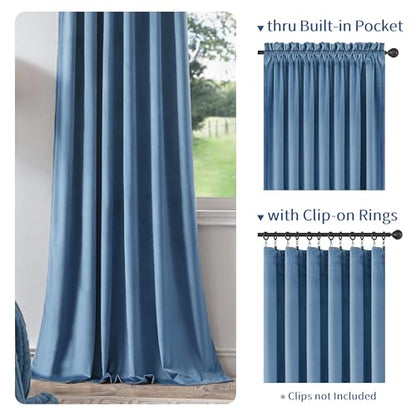 FMFUNCTEX Velvet Blackout Curtains Blue Thermal Insulated Curtains for Bedroom Living Room Darkening Curtains 84 Inches Long Soft Luxury Heavy Rod Pocket Slate Blue Drapes Dining Room 2 Panels Set - color: Slate Blue, size: 52"W x 84"L (Pack of 2)