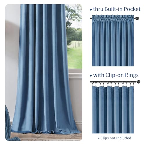 FMFUNCTEX Velvet Blackout Curtains Blue Thermal Insulated Curtains for Bedroom Living Room Darkening Curtains 90 Inches Long Soft Luxury Heavy Rod Pocket Slate Blue Drapes Dining Room 2 Panels Set - color: Slate Blue, size: 52"W x 90"L (Pack of 2)