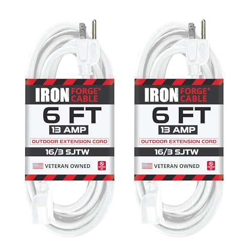 Iron Forge Cable 16 Gauge Heavy Duty White Extension Cord, 6 Ft - SJTW | 16/3 SJTW Cable, 2 Pack, 3 Prong Grounded Plug, 13 Amp - For Landscaping, Leaf Blowers, Lights, Appliances - size: 6 Foot - 2pk