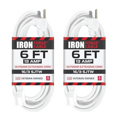 Iron Forge Cable 16 Gauge Heavy Duty White Extension Cord, 6 Ft - SJTW | 16/3 SJTW Cable, 2 Pack, 3 Prong Grounded Plug, 13 Amp - For Landscaping, Leaf Blowers, Lights, Appliances - size: 6 Foot - 2pk