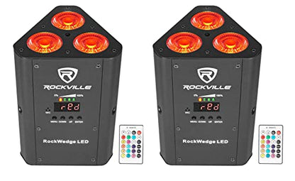 Rockville RockWedge LED Black RGBWA+UV Rechargeable Par Up-Light, 2-Pack | Built-In 7500mAh Battery, Wireless DMX, 54W, Up to 36 Hours Single Color Runtime, 4 Hour Recharge, 6 or 10 Channel DMX