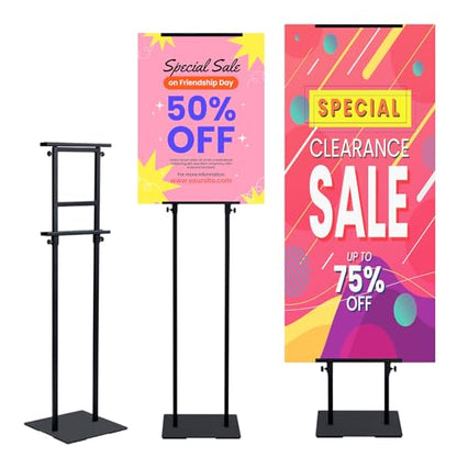 Eocnrhe Heavy Duty Banner Stand with Non-slip Mat Base, Adjustable Pedestal Poster Stand Up to 82 inches, Double Side Show Sign Stand, Connected Show Floor Standing Sign holder for Outdoor Display