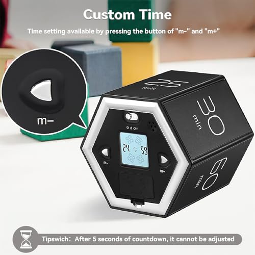 HomeBeyond Hexagon Flip Timer, Cube Countdown Clock with LCD Digital Display, Magnetic Suction, Mute Alarm Modes, Ideal for Study, Office, Gym, Kitchen, Black