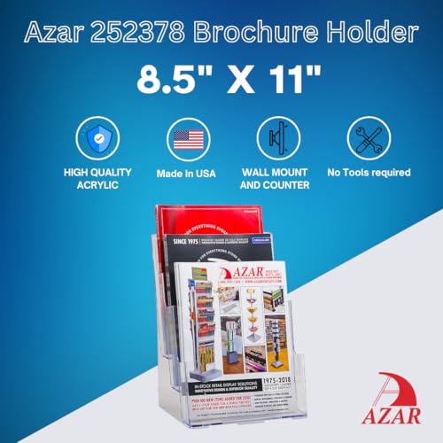 Azar Displays 252378, Brochure Holder, Acrylic Desk Organizer, Three Tier Document, Magazine & Sign Holder, Wall Mount Desk Accessories, Literature Display Stand for 4" Pamphlets, 8.5"x11" - size: Three Tier Letter
