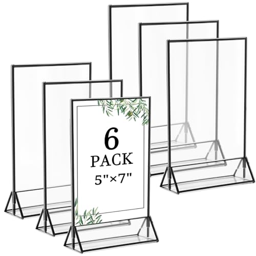 Floroom 6 Pack 5x7 Inch Clear Acrylic Sign Holders, Double-Sided Black Display Stand Picture Frames for Table Numbers, Menus, Flyers, Weddings, and Offices - color: Black, size: 5" x 7"- 6 Pack