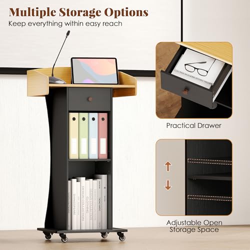 Podium Stand with Metal Wheels Wooden Lectern Podium Stand Portable Pulpit Standing with Storage Mobile Reception Podiums for Church Office School Conference Restaurant Meeting,Wood+Black - color: Black&wood