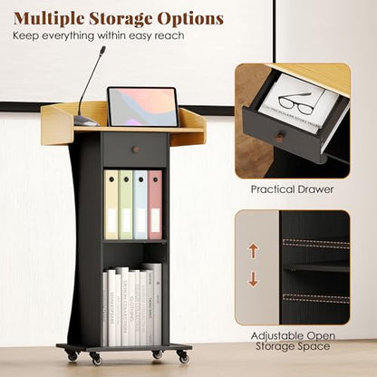 Podium Stand with Metal Wheels Wooden Lectern Podium Stand Portable Pulpit Standing with Storage Mobile Reception Podiums for Church Office School Conference Restaurant Meeting,Wood+Black - color: Black&wood