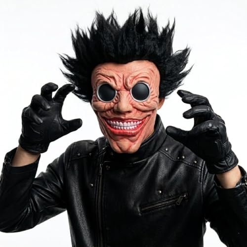 Latex Monster Mask with Black Spiky Hair, Creepy Smile Face Mask for Halloween Cosplay Party and Masquerade, Adult Size