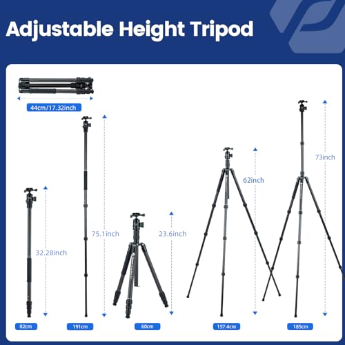 Fotopro 73" Carbon Fiber Tripod for Camera Compact Travel Tripod with Ball Head Detachable Monopod with Quick Release Plate and Camera Bag Load up to 22lbs/10KG X-Go Plus E2 Green - color: 73'' Green
