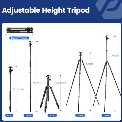 Fotopro 73" Carbon Fiber Tripod for Camera Compact Travel Tripod with Ball Head Detachable Monopod with Quick Release Plate and Camera Bag Load up to 22lbs/10KG X-Go Plus E2 Green - color: 73'' Green