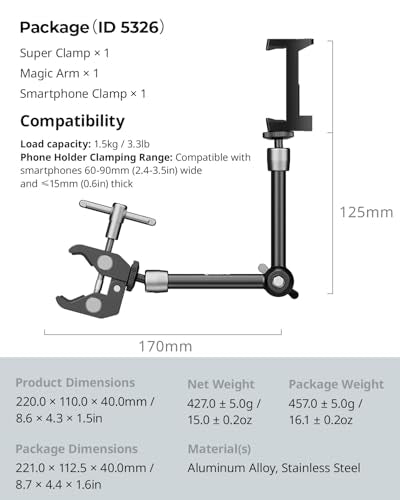 SMALLRIG Magic Arm Clamp w/ 1/4 and 3/8 Thread Holes, 9.8 Inches Adjustable | Articulating Magic Arm with Phone Holder for Action Cameras, Smartphones, LCD Monitor/LED Lights - 5326 - size: 9.8''+phone clamp
