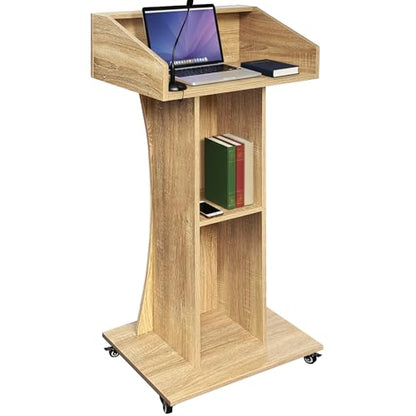 Podium Stand with Lockable Wheels,47"H Wooden Podium for Classroom, Mobile Pulpit Lectern with 3 Storage Shelves for Church, Office,Conference Room (White Oak) - color: White Oak