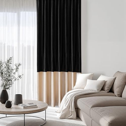 Luxury Black Beige Velvet Blackout Curtains 84 inches for Living Room - color: Black & Champagne, size: 52"W x 84"L (Pack of 2)
