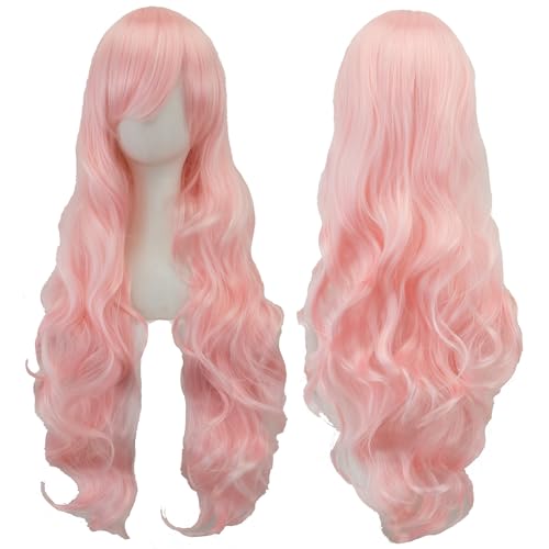 IMISSU 80cm Long Curly Natural Hair Cosplay Wig with Bangs Colorful Halloween Costume Party Wigs for Women (Bright Pink) - color: Bright Pink
