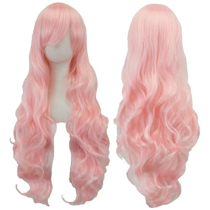 IMISSU 80cm Long Curly Natural Hair Cosplay Wig with Bangs Colorful Halloween Costume Party Wigs for Women (Bright Pink) - color: Bright Pink