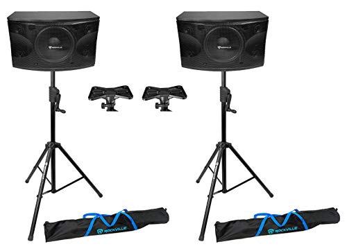 Rockville KPS12 12" 3-Way Karaoke Speaker Pair Bundle with RVCS2 Stands | 1600W Peak / 400W RMS Each, 8 Ohm, 2 Crank-Up Stands with Carry Bags, 2 RVSSA1 Pole Adapters, Wall Brackets, DJ PA, 6-Items