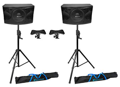 Rockville KPS12 12" 3-Way Karaoke Speaker Pair Bundle with RVCS2 Stands | 1600W Peak / 400W RMS Each, 8 Ohm, 2 Crank-Up Stands with Carry Bags, 2 RVSSA1 Pole Adapters, Wall Brackets, DJ PA, 6-Items