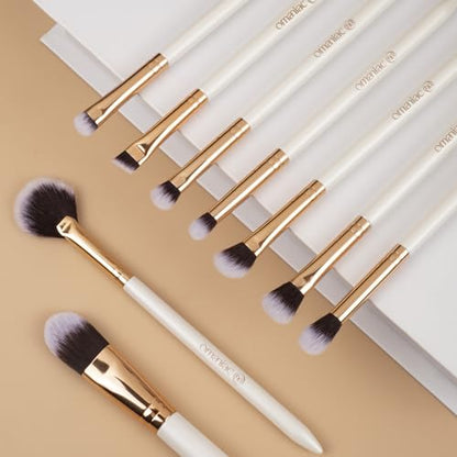 OMANIAC Makeup Brush Set Professional, 12 Pearlescent Wood Handle Makeup Brushes, Premium Cruelty-Free Synthetic Fiber Hair, Travel Make up Brushes Set with Case (White). - color: Rose Gold and White, size: 12pcs