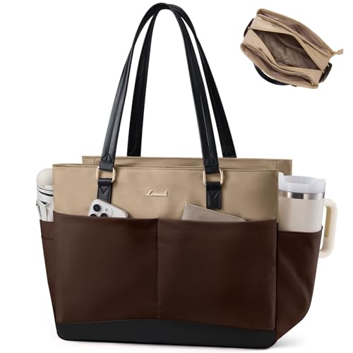 LOVEVOOK Laptop Tote Bag for Women with 40oz Large Cup Holder - color: Dark Brown - Khaki, size: 15.6 Inch