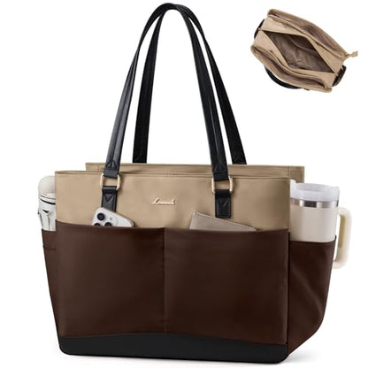 LOVEVOOK Laptop Tote Bag for Women with 40oz Large Cup Holder - color: Dark Brown - Khaki, size: 15.6 Inch