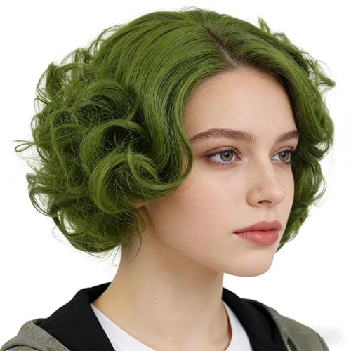 Short Green Curly Wigs For Women Anime Cosplay Halloween Costume Medusa Wig | Olive Green Wig with Side Bangs Fluffy Wavy Layered Party Synthetic Wigs Joker Maven Wig Short Hairstyles Coser Fun Soft - color: Olive Green