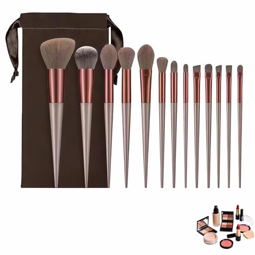 Makeup Brush Set, 13 Piece Professional Cosmetic Brushes with Pouch, Synthetic Bristles, Hypoallergenic for Face and Eye Application, Face & Eye Brush Set for Beginners to Pros (Brown) - color: Brown