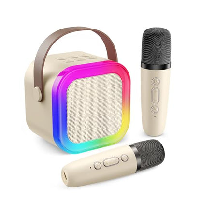 Karaoke Machine for Kids Adults, Mini Karaoke Machine with 2 Wireless Microphones, Portable Bluetooth Speaker with Voice Changing Effects & LED Lights, Best Gifts Toys for Girls and Boys - color: Beige