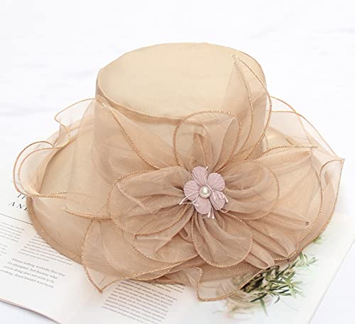 Women Derby Fascinator Hat Organza Church Wedding Hats Wide Brim Cocktail Tea Party Hat - color: 07 Khaki