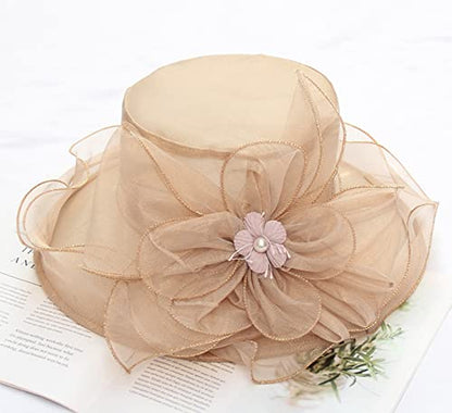 Women Derby Fascinator Hat Organza Church Wedding Hats Wide Brim Cocktail Tea Party Hat - color: 07 Khaki