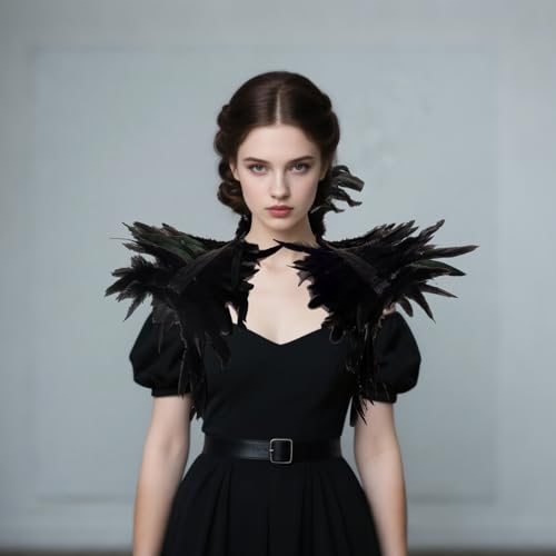 2Pcs Witch Feather Shawl Wrist Cuff for Women | Gothic Crow Shrug Shawl, for Halloween, Feather Costume Accessories - color: Black