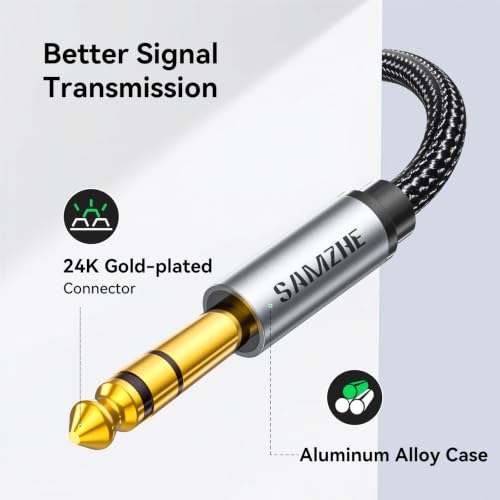 SAMZHE 1/8 to 1/4 Stereo Cable 3.5mm TRS to 6.35mm Audio Cable Guitar to Aux Male Cord with Alum Alloy Housing and Nylon Braid for Guitar, Laptop, Home Theater Devices, Speaker and Amplifiers 16FT - size: 16 FT