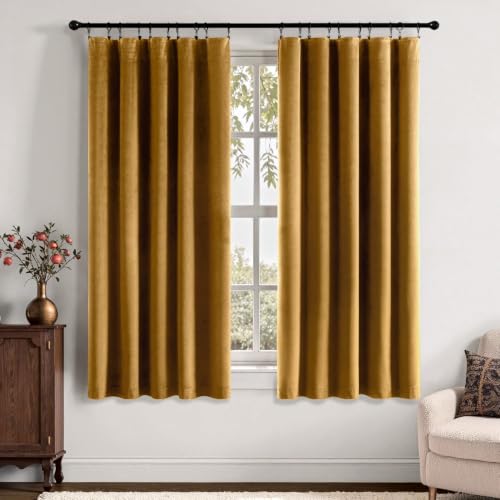 MIULEE Gold Velvet Curtains 63 Inch Long 2 Panels, W40 x L63 | Luxury Super Soft, Thermal Insulated, Room Darkening Drapes, Rod Pocket Design, Window Curtains for Bedroom Living Room - color: Gold, size: 40"W x 63"L (Pack of 2)