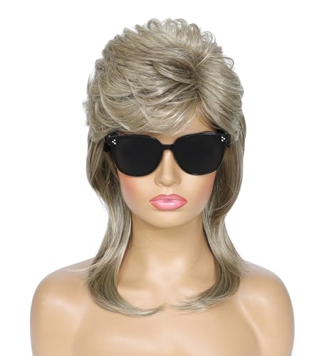Airhostess 80s Retro Layered Mullet Wig for Women, Pre-Styled Synthetic Wig, Natural Texture for Halloween Cosplay 80s Themed Party (Blonde) - color: 2057-Blonde