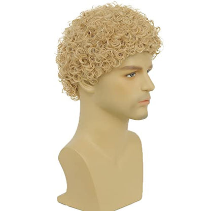 Swiking Mens Curly Afro Wigs Light Blonde Short Wig California Halloween Cosplay Replacement Wigs Rocker Wig for Male Guy(Light Blonde) - color: Light Blonde