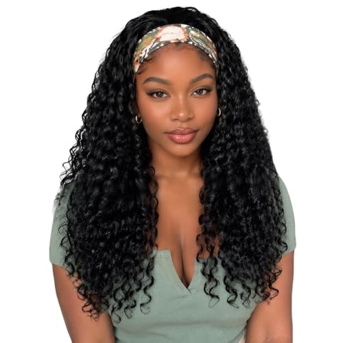 BECUS 20" Curly Headband Wig Black Work Office Style - color: A-Curly Black, size: 20 Inch