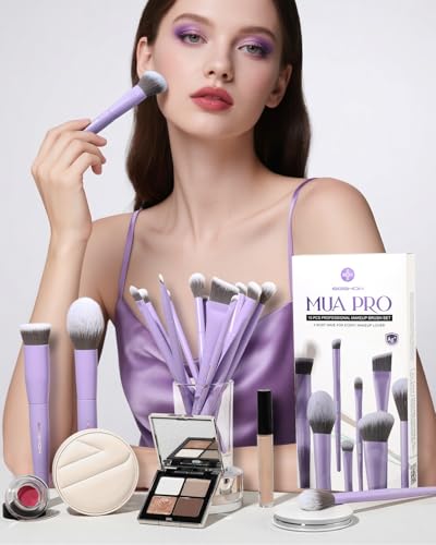 EIGSHOW Makeup Brushes Set, 15Pcs Professional Make Up Brush with Silver Ion Bristles for Foundation Powder Blush Highlighter Concealer Eyeshadow Eyeliner, Travel Gift Set (Matte Purple) - color: Matte Purple